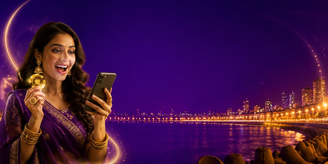 Young Indian woman playing Andar Bahar on mobile near Mumbai Marine Drive